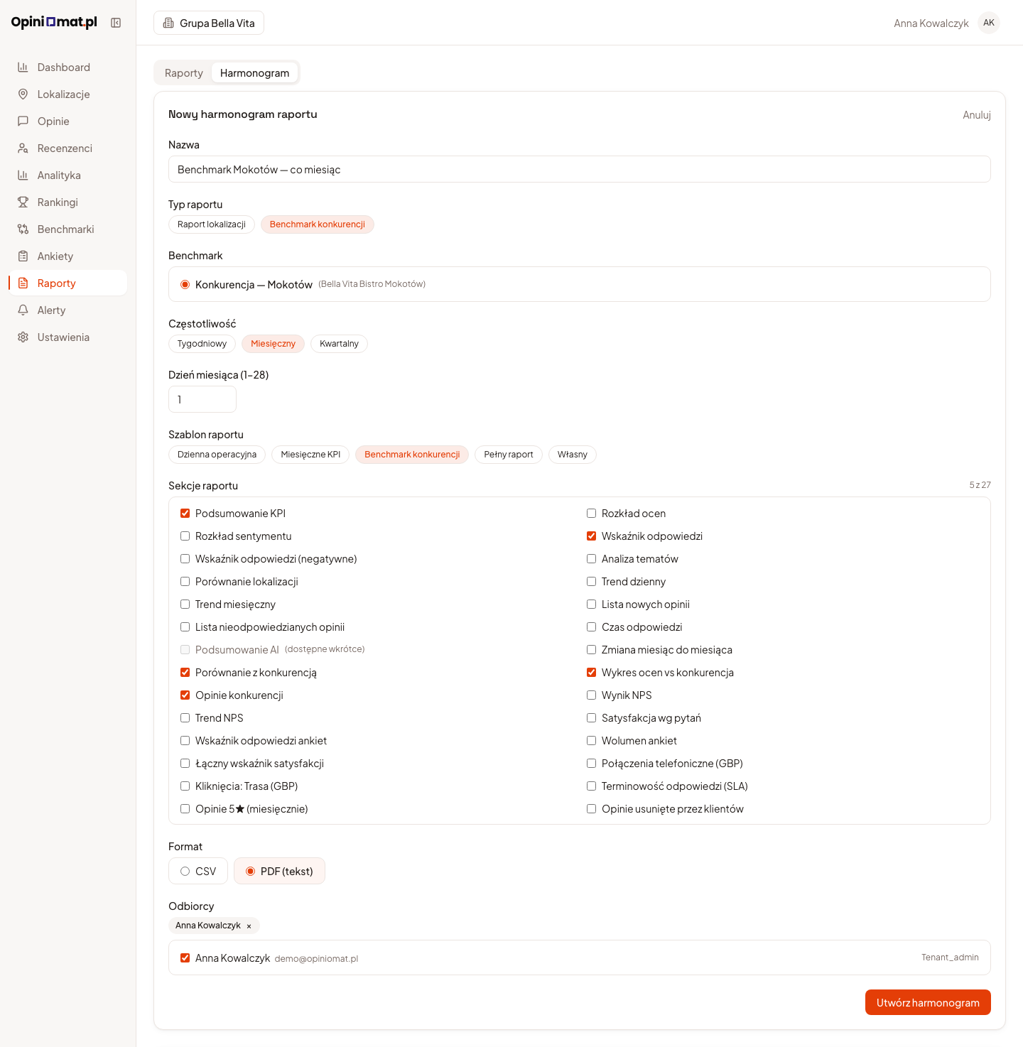 Formularz nowego harmonogramu raportów z typem Benchmark konkurencji i listą odbiorców